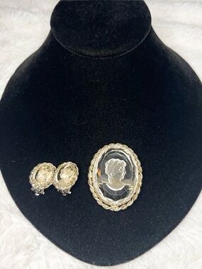 Vintage West Germany Gold Tone Glass Cameo Brooch and Clip On Earrings Set